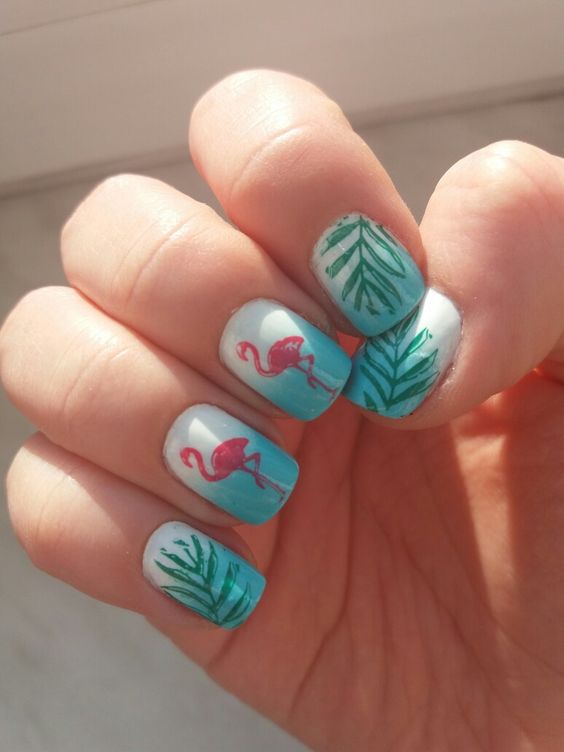 pink Flamingo nails;pinapple and flamingo nails; Flamingos spring summer nail art ; Tropical Nails.